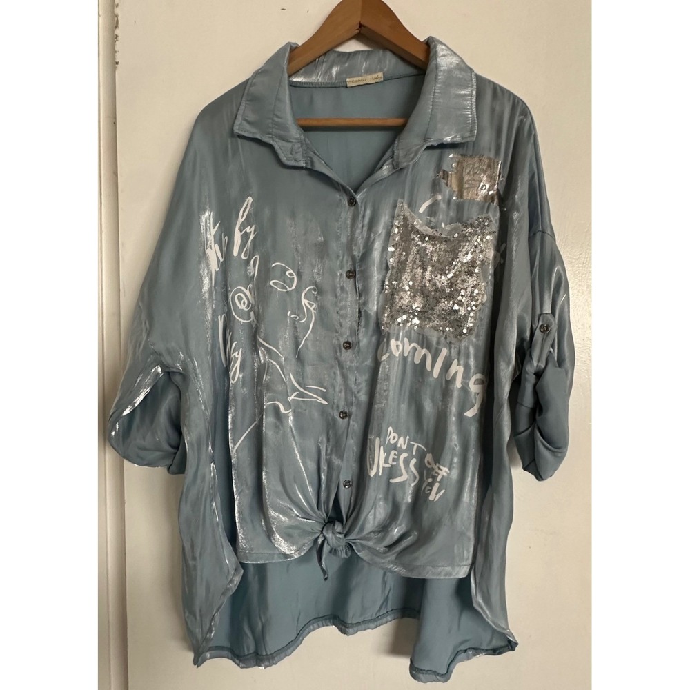 Made in Italy Metallic Graphic Sequin Button Down Shirt Blue Oversized One Size